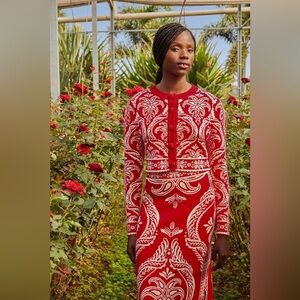 FARM RIO Red Tropical Jacquard Knit Cardigan